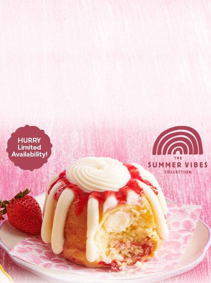 Strawberry Cheesecake Swirl flavor Bundtlet on table -- Summer Vibes Collection