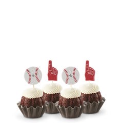 Chocolate Chocolate Chip flavored mini bundt cakes topped with frosting with baseball and #1 foam finger toppers.