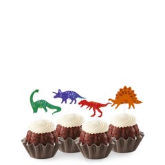 Bundtinis® topped with frosting and decorated with green, purple, red and orange dinosaurs.