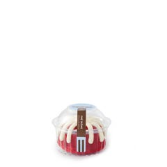 Personal size Red Velvet bundt cake, packaged in a plastic container. 