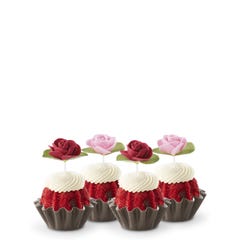 Cupcake sized bundt cakes in Red Velvet flavor with a pink and red rose toppers