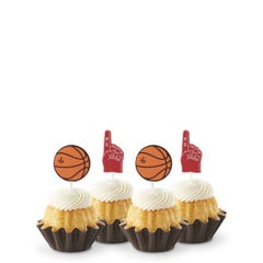 Mini bundt cakes topped with frosting in assorted flavors with a basketball topper and a #1 foam finger.