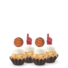 Mini bundt cakes topped with frosting in assorted flavors with a basketball topper and a #1 foam finger.
